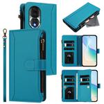 For Honor 80 5G Magnetic Closure 9 Card Slots Zipper Leather Case with Hand Strap(Turquoise)