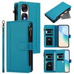 For Honor 90 5G Magnetic Closure 9 Card Slots Zipper Leather Case with Hand Strap(Turquoise)