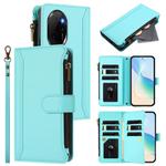 For Honor 100 Pro 5G Magnetic Closure 9 Card Slots Zipper Leather Case with Hand Strap(Mint Green)