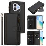 For Honor 400 Lite Magnetic Closure 9 Card Slots Zipper Leather Case with Hand Strap(Black)