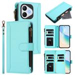 For Honor 400 Lite Magnetic Closure 9 Card Slots Zipper Leather Case with Hand Strap(Mint Green)