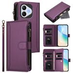 For Honor 400 Lite Magnetic Closure 9 Card Slots Zipper Leather Case with Hand Strap(Purple)