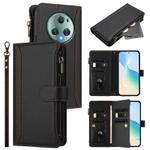 For Honor Magic5 Pro Magnetic Closure 9 Card Slots Zipper Leather Case with Hand Strap(Black)