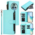 For Honor Magic5 Pro Magnetic Closure 9 Card Slots Zipper Leather Case with Hand Strap(Mint Green)