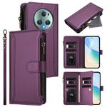 For Honor Magic5 Pro Magnetic Closure 9 Card Slots Zipper Leather Case with Hand Strap(Purple)