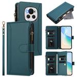 For Honor Magic6 5G Global Magnetic Closure 9 Card Slots Zipper Leather Case with Hand Strap(Dark Green)