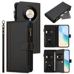 For Honor X9b 5G Global Magnetic Closure 9 Card Slots Zipper Leather Case with Hand Strap(Black)
