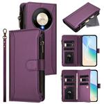 For Honor X9b 5G Global Magnetic Closure 9 Card Slots Zipper Leather Case with Hand Strap(Purple)