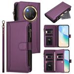 For Honor X9c 5G Global Magnetic Closure 9 Card Slots Zipper Leather Case with Hand Strap(Purple)
