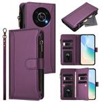 For Honor X30 5G / X9 5G / X9 4G Magnetic Closure 9 Card Slots Zipper Leather Case with Hand Strap(Purple)