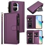 For Honor X40i 5G Magnetic Closure 9 Card Slots Zipper Leather Case with Hand Strap(Purple)