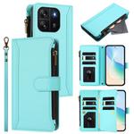 For Blackview Wave 6C Magnetic Closure 9 Card Slots Zipper Leather Case with Hand Strap(Mint Green)