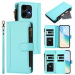 For Boost Mobile Celero 5G+ 2024 Magnetic Closure 9 Card Slots Zipper Leather Case with Hand Strap(Mint Green)