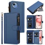 For Sharp Aquos wish5 Magnetic Closure 9 Card Slots Zipper Leather Case with Hand Strap(Dark Blue)