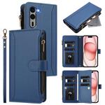 For Fujitsu Arrows We2 Plus Magnetic Closure 9 Card Slots Zipper Leather Case with Hand Strap(Dark Blue)