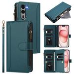 For Fujitsu Arrows We2 Plus Magnetic Closure 9 Card Slots Zipper Leather Case with Hand Strap(Dark Green)