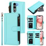 For Fujitsu Arrows We2 Plus Magnetic Closure 9 Card Slots Zipper Leather Case with Hand Strap(Mint Green)