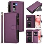 For Fujitsu Arrows We2 Plus Magnetic Closure 9 Card Slots Zipper Leather Case with Hand Strap(Purple)