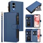 For Fujitsu Arrows We2 Magnetic Closure 9 Card Slots Zipper Leather Case with Hand Strap(Dark Blue)
