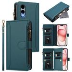 For Fujitsu Arrows We2 Magnetic Closure 9 Card Slots Zipper Leather Case with Hand Strap(Dark Green)