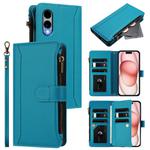 For Fujitsu Arrows We2 Magnetic Closure 9 Card Slots Zipper Leather Case with Hand Strap(Turquoise)