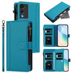 For Cubot A10 Magnetic Closure 9 Card Slots Zipper Leather Case with Hand Strap(Turquoise)