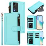 For Cubot A10 Magnetic Closure 9 Card Slots Zipper Leather Case with Hand Strap(Mint Green)