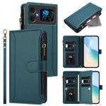 For Cubot A20 Magnetic Closure 9 Card Slots Zipper Leather Case with Hand Strap(Dark Green)