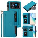 For Cubot A20 Magnetic Closure 9 Card Slots Zipper Leather Case with Hand Strap(Turquoise)