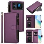 For Cubot A20 Magnetic Closure 9 Card Slots Zipper Leather Case with Hand Strap(Purple)