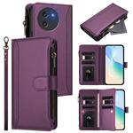 For Doogee Note 59 5G / Note 59 Pro Magnetic Closure 9 Card Slots Zipper Leather Case with Hand Strap(Purple)