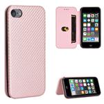 For iPod Touch 5 / 6 / 7 Carbon Fiber Texture Horizontal Flip TPU + PC + PU Leather Case with Card Slot(Pink)