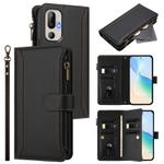 For HTC U24 Pro Magnetic Closure 9 Card Slots Zipper Leather Case with Hand Strap(Black)
