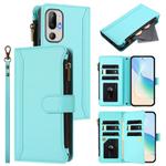 For HTC U24 Pro Magnetic Closure 9 Card Slots Zipper Leather Case with Hand Strap(Mint Green)