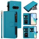 For Nothing Phone 3a Magnetic Closure 9 Card Slots Zipper Leather Case with Hand Strap(Turquoise)