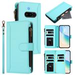 For Nothing Phone 3a Magnetic Closure 9 Card Slots Zipper Leather Case with Hand Strap(Mint Green)