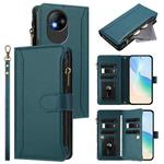 For ZTE Blade A35 Lite / A35 Core Magnetic Closure 9 Card Slots Zipper Leather Case with Hand Strap(Dark Green)