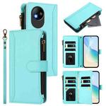 For ZTE Blade A35 Lite / A35 Core Magnetic Closure 9 Card Slots Zipper Leather Case with Hand Strap(Mint Green)