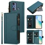For ZTE Blade A53 / A53+ Magnetic Closure 9 Card Slots Zipper Leather Case with Hand Strap(Dark Green)