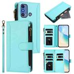 For ZTE Blade A53 Pro Magnetic Closure 9 Card Slots Zipper Leather Case with Hand Strap(Mint Green)