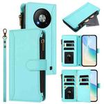 For ZTE Blade A73 5G Magnetic Closure 9 Card Slots Zipper Leather Case with Hand Strap(Mint Green)