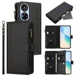 For ZTE Blade V40s Magnetic Closure 9 Card Slots Zipper Leather Case with Hand Strap(Black)