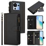 For ZTE Blade V50 Vita Magnetic Closure 9 Card Slots Zipper Leather Case with Hand Strap(Black)