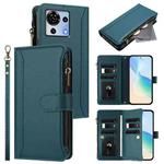 For ZTE Blade V50 Vita Magnetic Closure 9 Card Slots Zipper Leather Case with Hand Strap(Dark Green)
