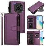 For ZTE Blade V70 Max Magnetic Closure 9 Card Slots Zipper Leather Case with Hand Strap(Purple)