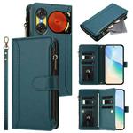 For ZTE Nubia Music 2 Magnetic Closure 9 Card Slots Zipper Leather Case with Hand Strap(Dark Green)