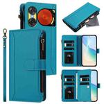 For ZTE Nubia Music 2 Magnetic Closure 9 Card Slots Zipper Leather Case with Hand Strap(Turquoise)