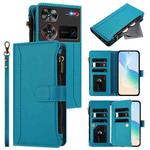 For ZTE Nubia Z60 Ultra Magnetic Closure 9 Card Slots Zipper Leather Case with Hand Strap(Turquoise)