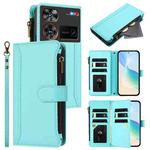 For ZTE Nubia Z60 Ultra Magnetic Closure 9 Card Slots Zipper Leather Case with Hand Strap(Mint Green)