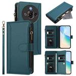 For ZTE Nubia Focus Pro 5G Magnetic Closure 9 Card Slots Zipper Leather Case with Hand Strap(Dark Green)
